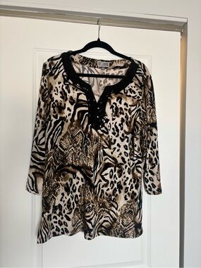 JM Collection Animal Print Tunic in Black and Brown